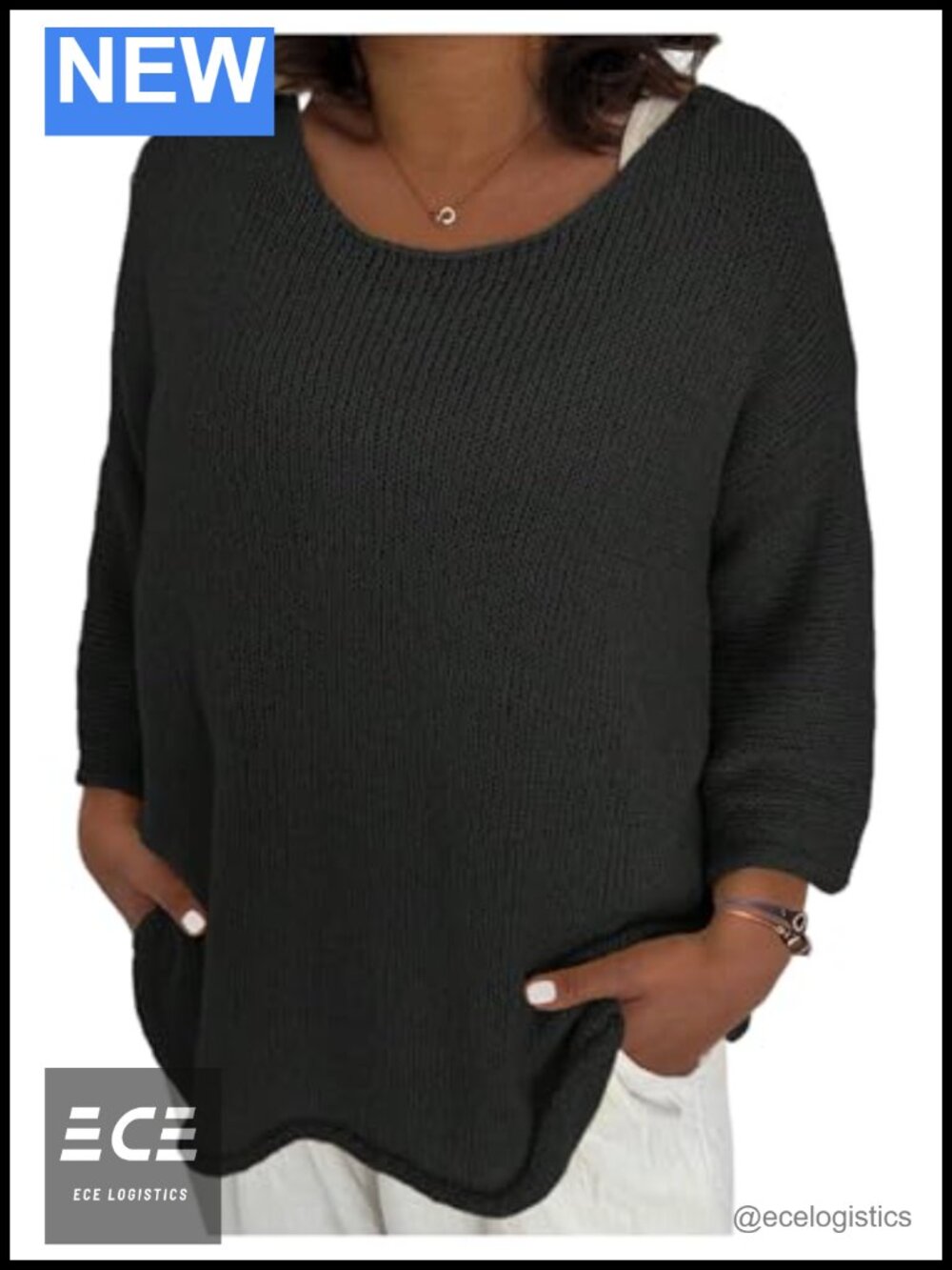 Women's Plus Size Boat Neck 3/4 Sleeve Loose Knit Pullover Sweater